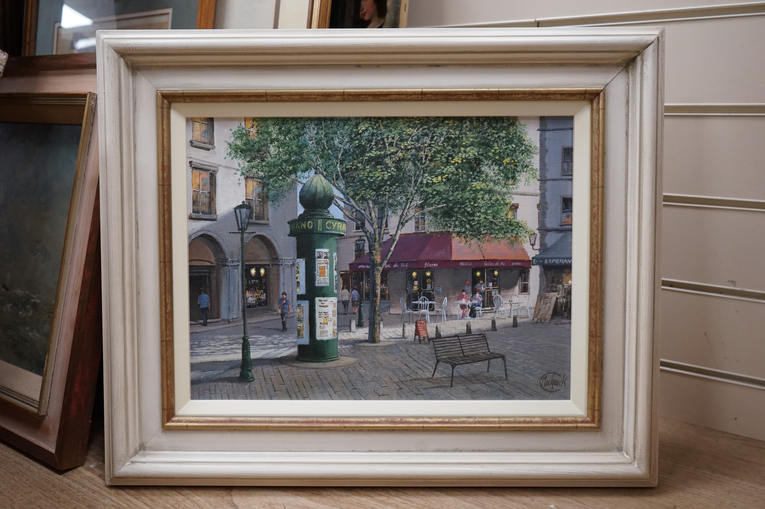 Clive Madgwick RBA (1934-2005), oil on canvas, 'Welcome Break, Paris II', signed, gallery label verso, 29 x 39cm